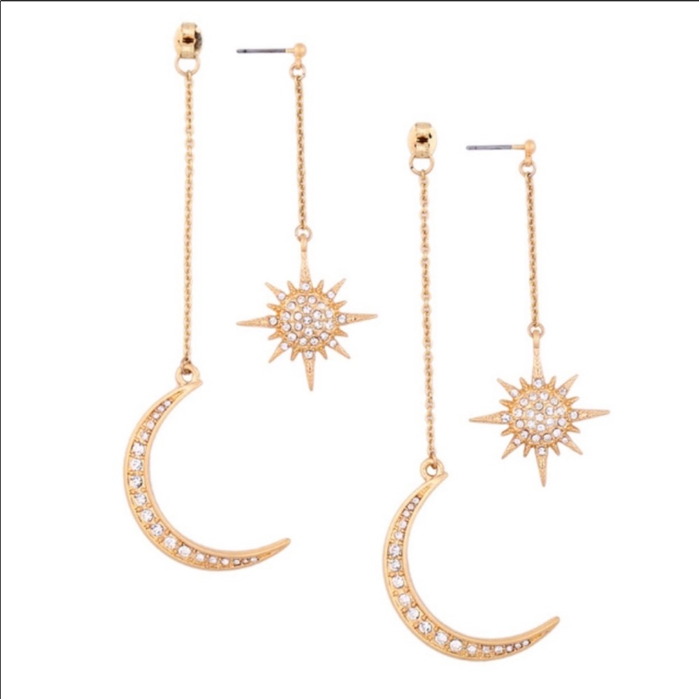 Gold Color Moon and Sun Statement Earrings